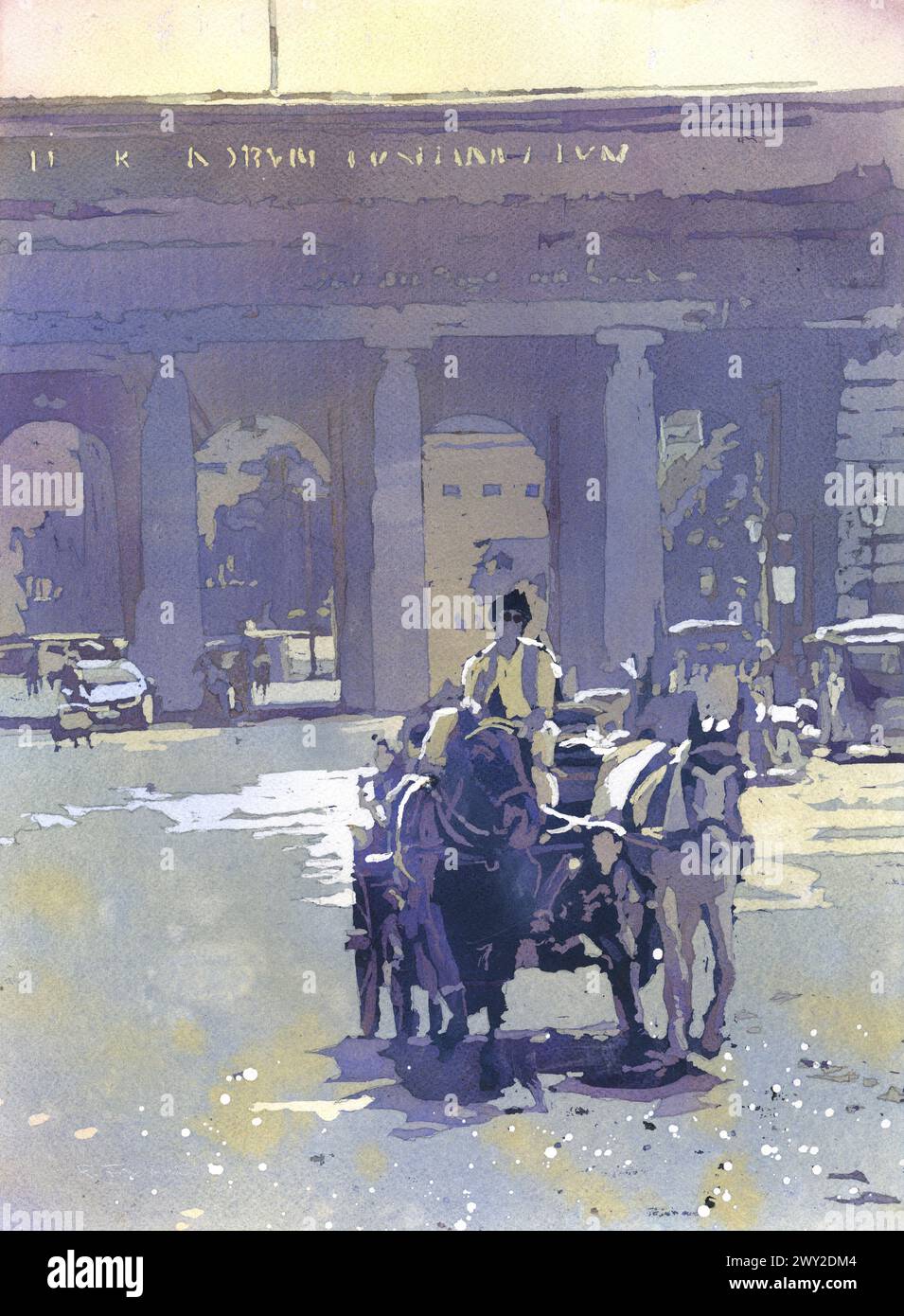 Aquarelle colorée paysage urbain chariot tiré par des chevaux Vienne Autriche skyline art architectural fait à la main Banque D'Images