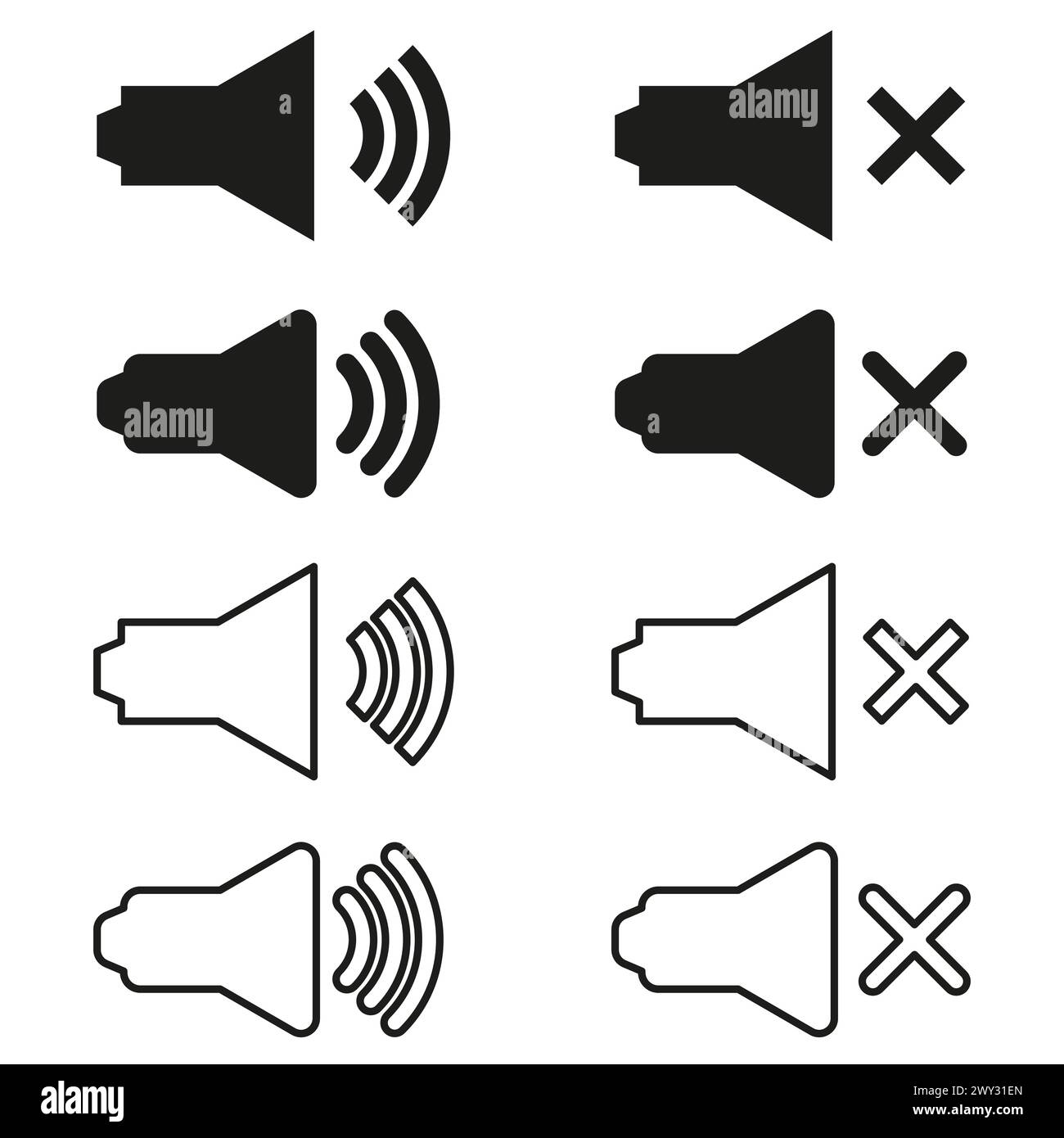 Icônes de volume du haut-parleur. Activer et désactiver le son. Symboles de commande audio. Options Muet et fort. Illustration vectorielle. SPE 10. Illustration de Vecteur