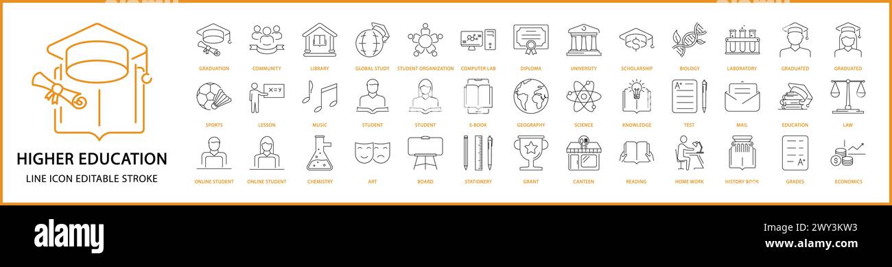 Icônes enseignement supérieur. Jeu d'icônes enseignement supérieur. Icônes de ligne enseignement supérieur. Contour modifiable d'illustration vectorielle. Illustration de Vecteur