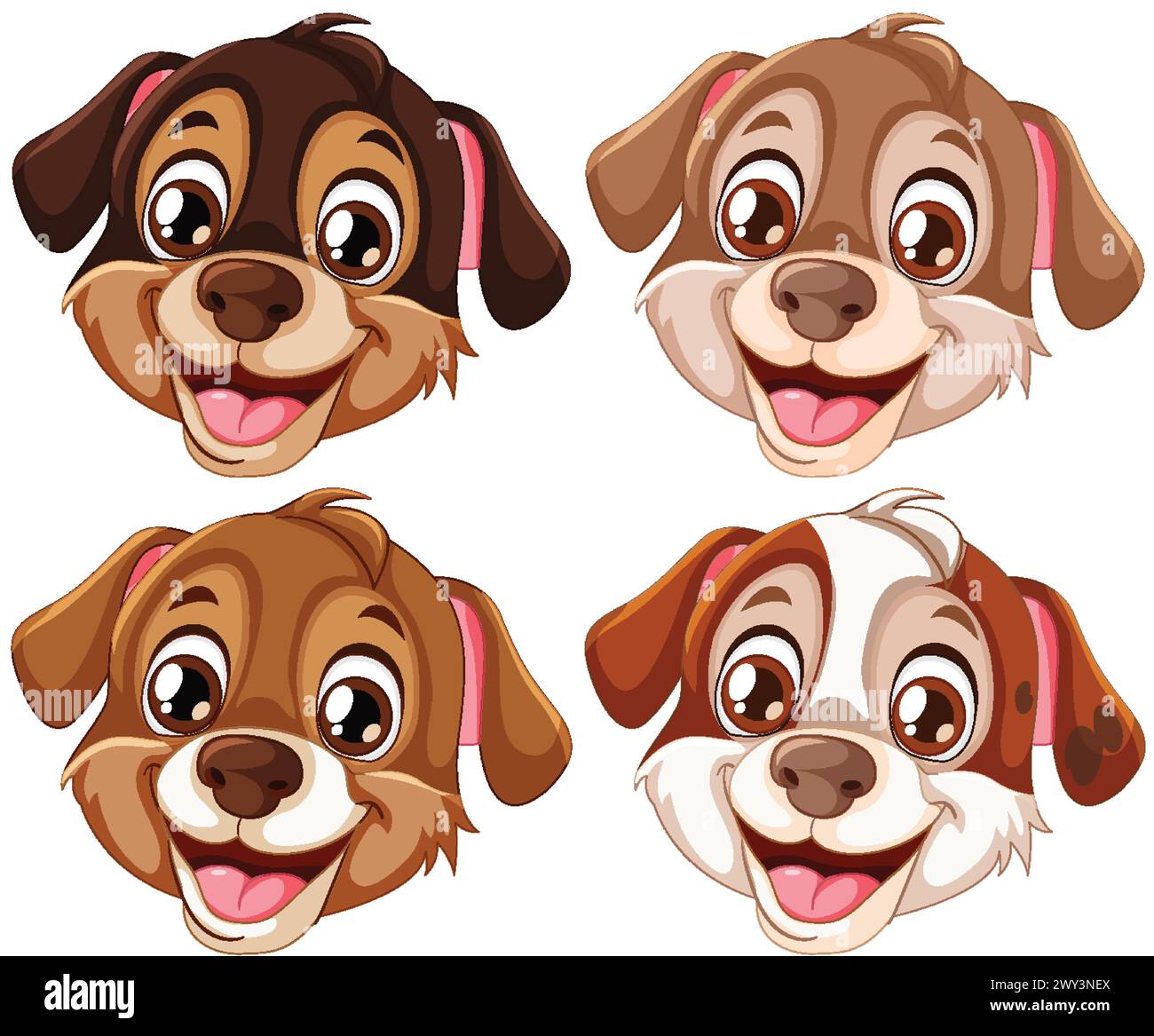 Quatre visages de chien de dessin animé heureux souriant. Illustration de Vecteur