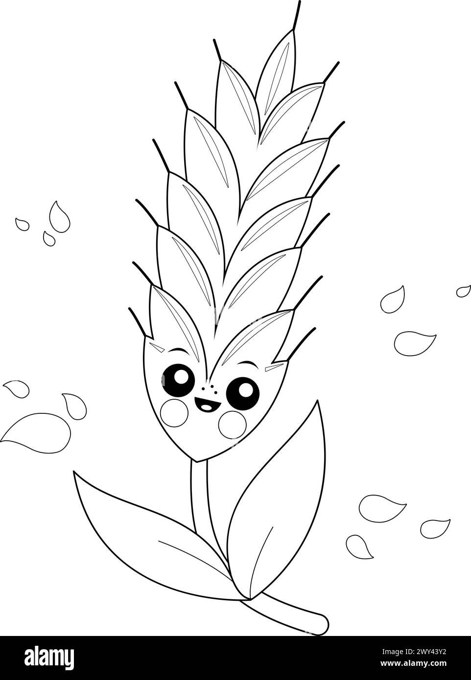 Caractère de blé. Orge de plante céréalière de dessin animé mignon. Page de coloriage noir et blanc vectoriel. Illustration de Vecteur