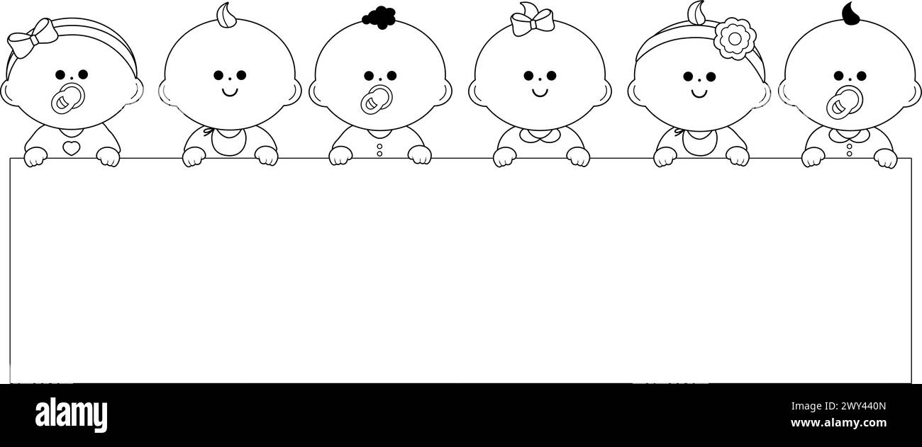 Groupe diversifié de bébés et bannière vierge. Mignons bébés filles et garçons tenant un signe blanc. Page de coloriage noir et blanc vectoriel. Illustration de Vecteur