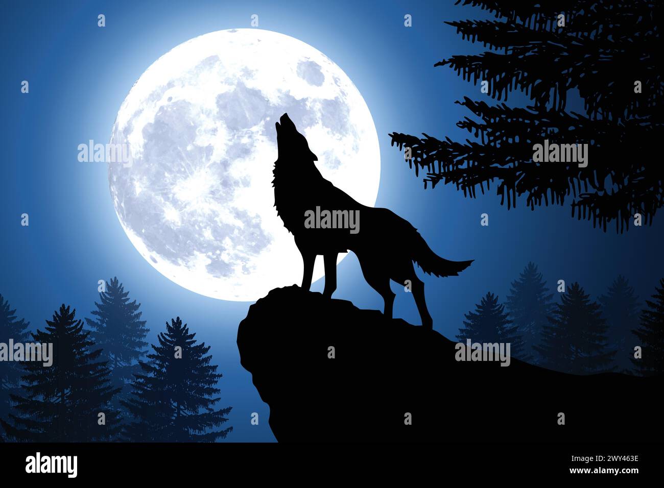 silhouette de loup hurlant sur une crête de colline par grande pleine lune dans une forêt avec illustration vectorielle de fond de ciel clair Illustration de Vecteur