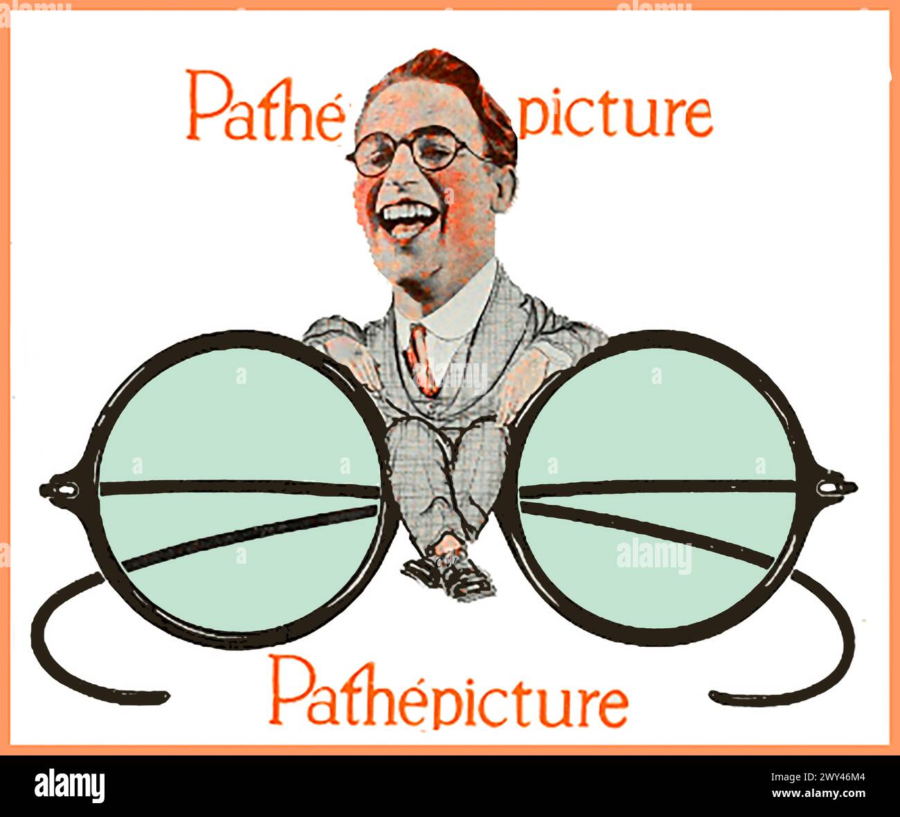 Harold Lloyd, star du cinéma muet, figure sur une affiche de 1926 de Pathe (PathePicture) représentant ses lunettes rondes de marque. Banque D'Images