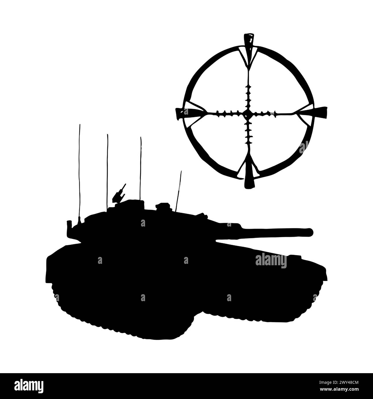 Silhouette noire de réservoir Israël Merkava avec illustration vectorielle optique de vue. Machine militaire israélienne Illustration de Vecteur