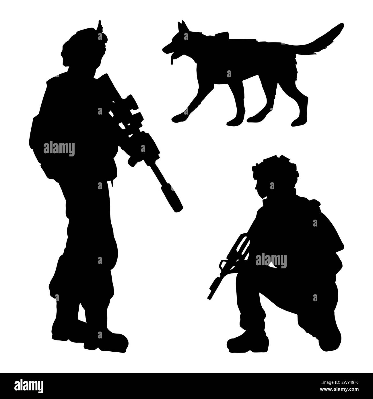 Soldats de l'armée avec fusil dans différentes poses avec K9 silhouettes de chien de service illustration vectorielle Illustration de Vecteur