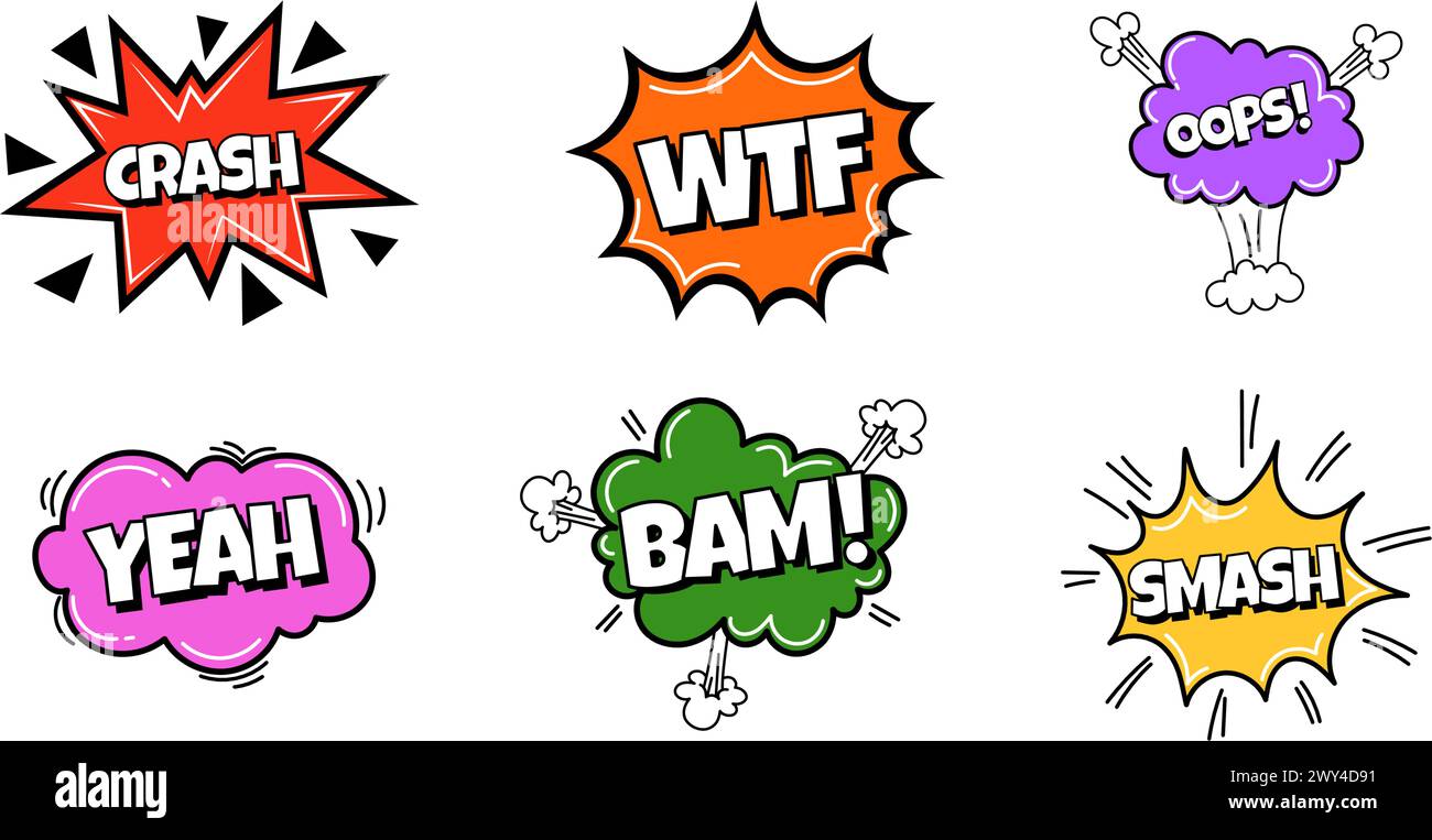 Collection de bulles comiques POW. Bulles de dialogue sonore avec mot - Crash, Oops, Yeah et autres. Expression pop art en couleurs vives et contour noir. Illustration de Vecteur