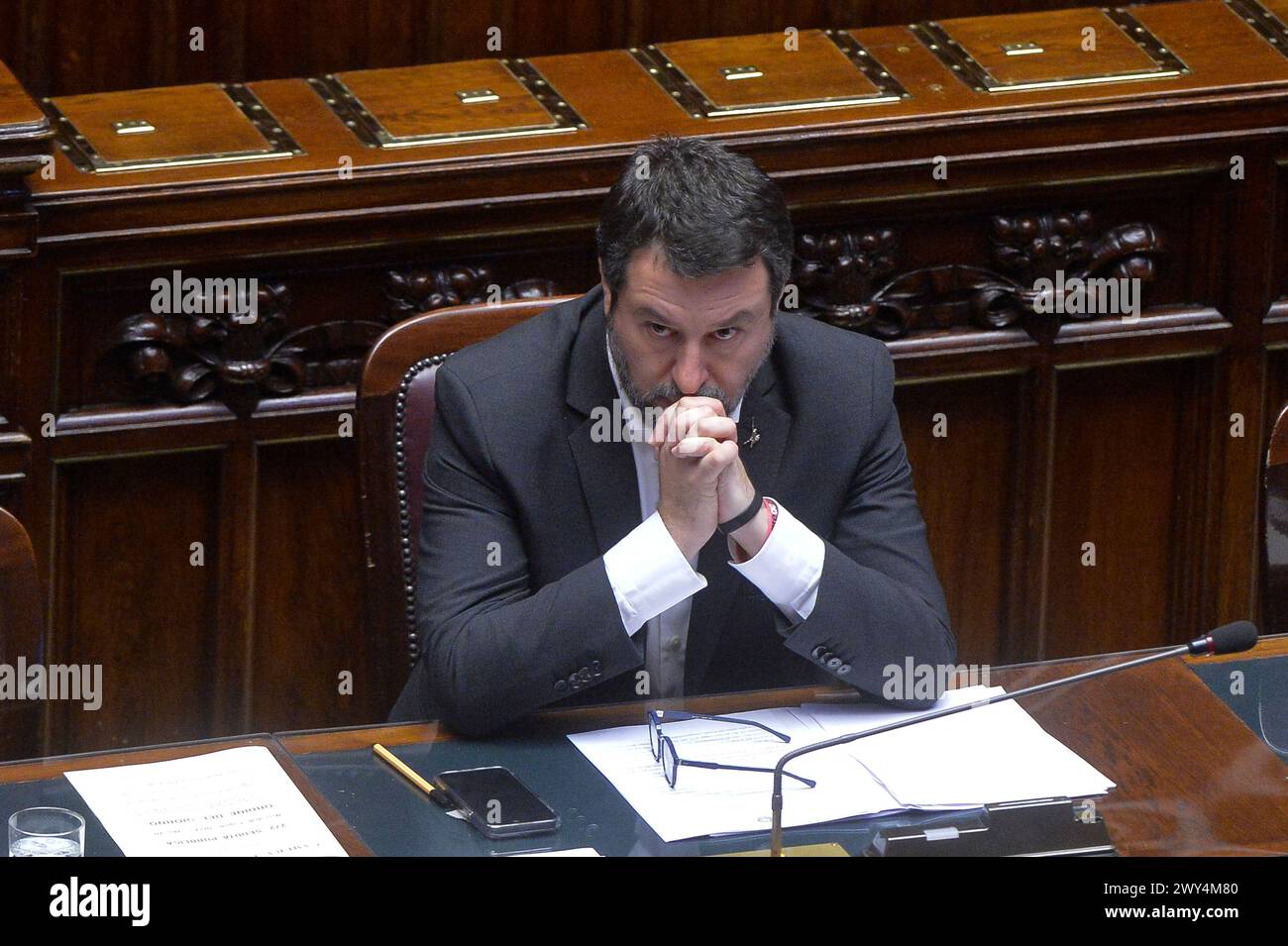 Italie, Rome, 3 avril 2024 : Matteo Salvini, ministre des Transports et des infrastructures, participe à la Chambre des députés au débat et vote sur la motion de censure contre lui photo © Stefano Carofei/Sintesi/Alamy Live News Banque D'Images