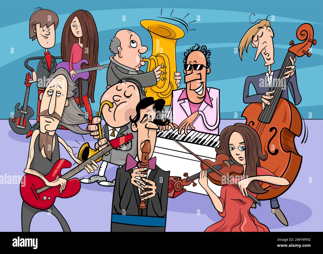 Illustration de bande dessinée de groupes de musiciens ou de groupes musicaux avec des personnages comiques Illustration de Vecteur