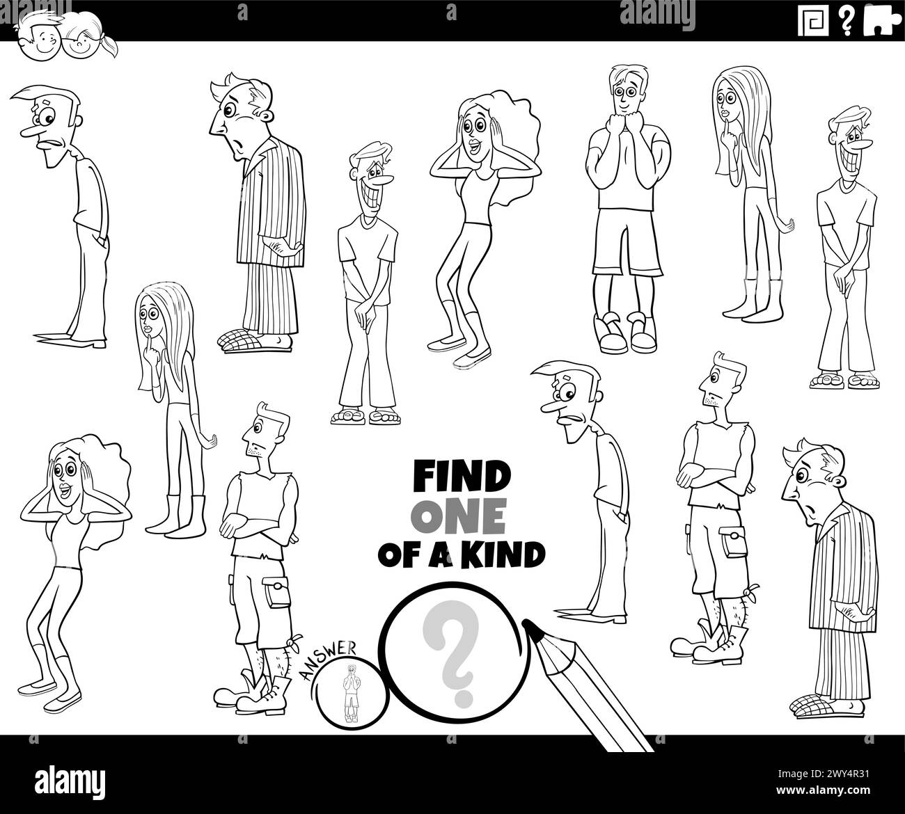 Illustration de dessin animé de trouver l'un d'une activité éducative d'image en genre avec la page de coloriage de personnages de jeunes gens surpris Illustration de Vecteur