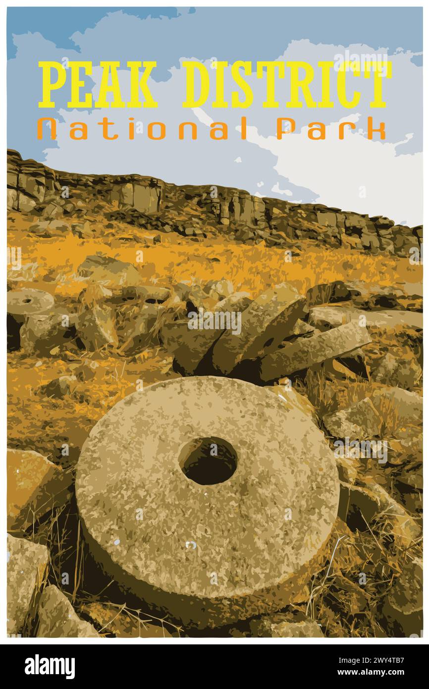 Stanage Edge Millstones, Derbyshire nostalgique rétro concept d'affiche de voyage du parc national de Peak District, Angleterre, Royaume-Uni dans le style du projet de travail Illustration de Vecteur