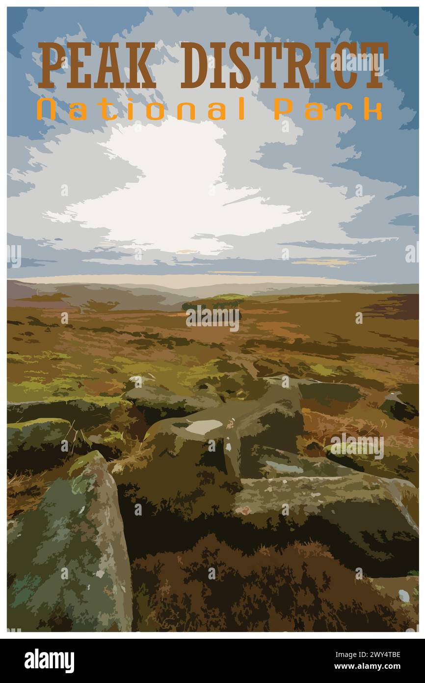 Stanage Edge Millstones, Derbyshire nostalgique rétro concept d'affiche de voyage du parc national de Peak District, Angleterre, Royaume-Uni dans le style du projet de travail Illustration de Vecteur