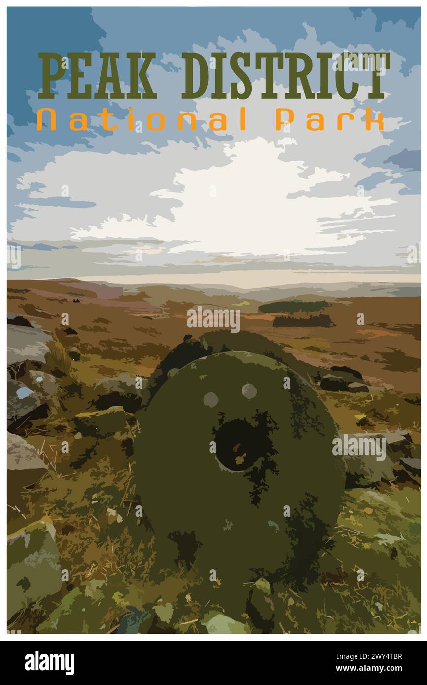Stanage Edge Millstones, Derbyshire nostalgique rétro concept d'affiche de voyage du parc national de Peak District, Angleterre, Royaume-Uni dans le style du projet de travail Illustration de Vecteur