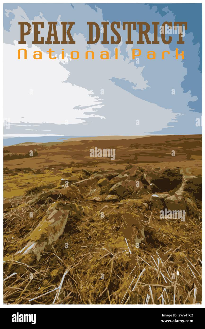 Stanage Edge Millstones, Derbyshire nostalgique rétro concept d'affiche de voyage du parc national de Peak District, Angleterre, Royaume-Uni dans le style du projet de travail Illustration de Vecteur