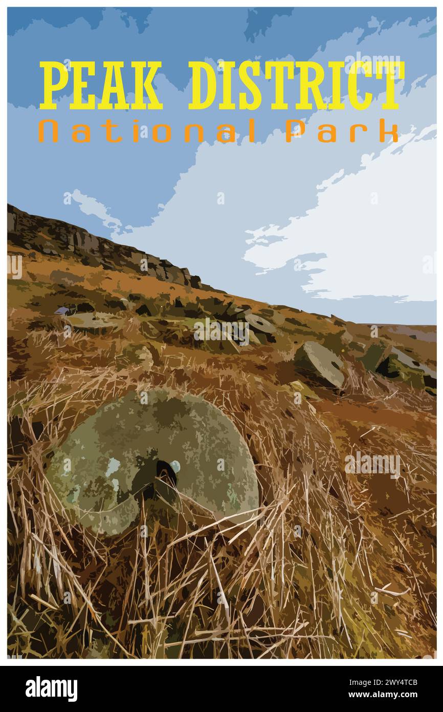 Stanage Edge Millstones, Derbyshire nostalgique rétro concept d'affiche de voyage du parc national de Peak District, Angleterre, Royaume-Uni dans le style du projet de travail Illustration de Vecteur
