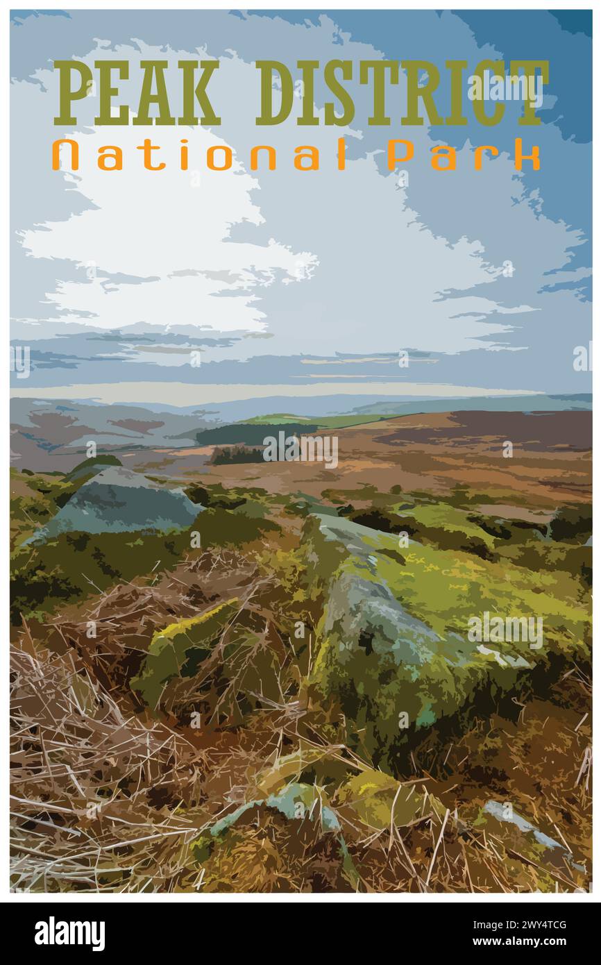 Stanage Edge Millstones, Derbyshire nostalgique rétro concept d'affiche de voyage du parc national de Peak District, Angleterre, Royaume-Uni dans le style du projet de travail Illustration de Vecteur