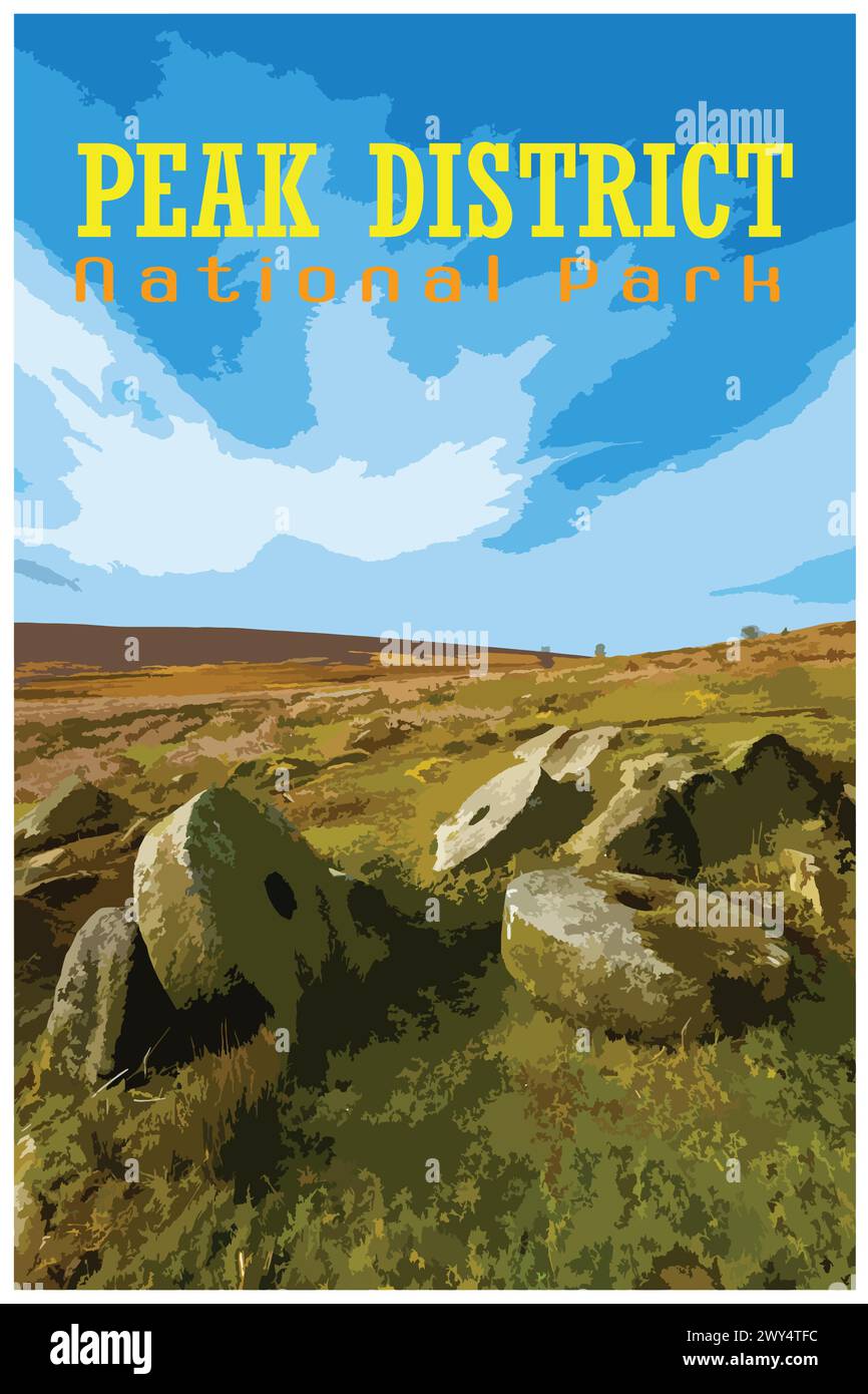 Stanage Edge Millstones, Derbyshire nostalgique rétro concept d'affiche de voyage du parc national de Peak District, Angleterre, Royaume-Uni dans le style du projet de travail Illustration de Vecteur