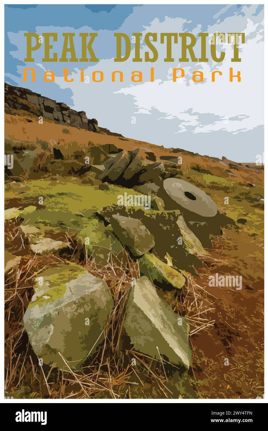 Stanage Edge Millstones, Derbyshire nostalgique rétro concept d'affiche de voyage du parc national de Peak District, Angleterre, Royaume-Uni dans le style du projet de travail Illustration de Vecteur