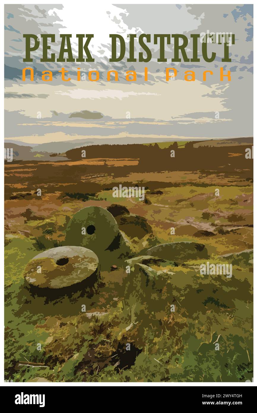 Stanage Edge Millstones, Derbyshire nostalgique rétro concept d'affiche de voyage du parc national de Peak District, Angleterre, Royaume-Uni dans le style du projet de travail Illustration de Vecteur