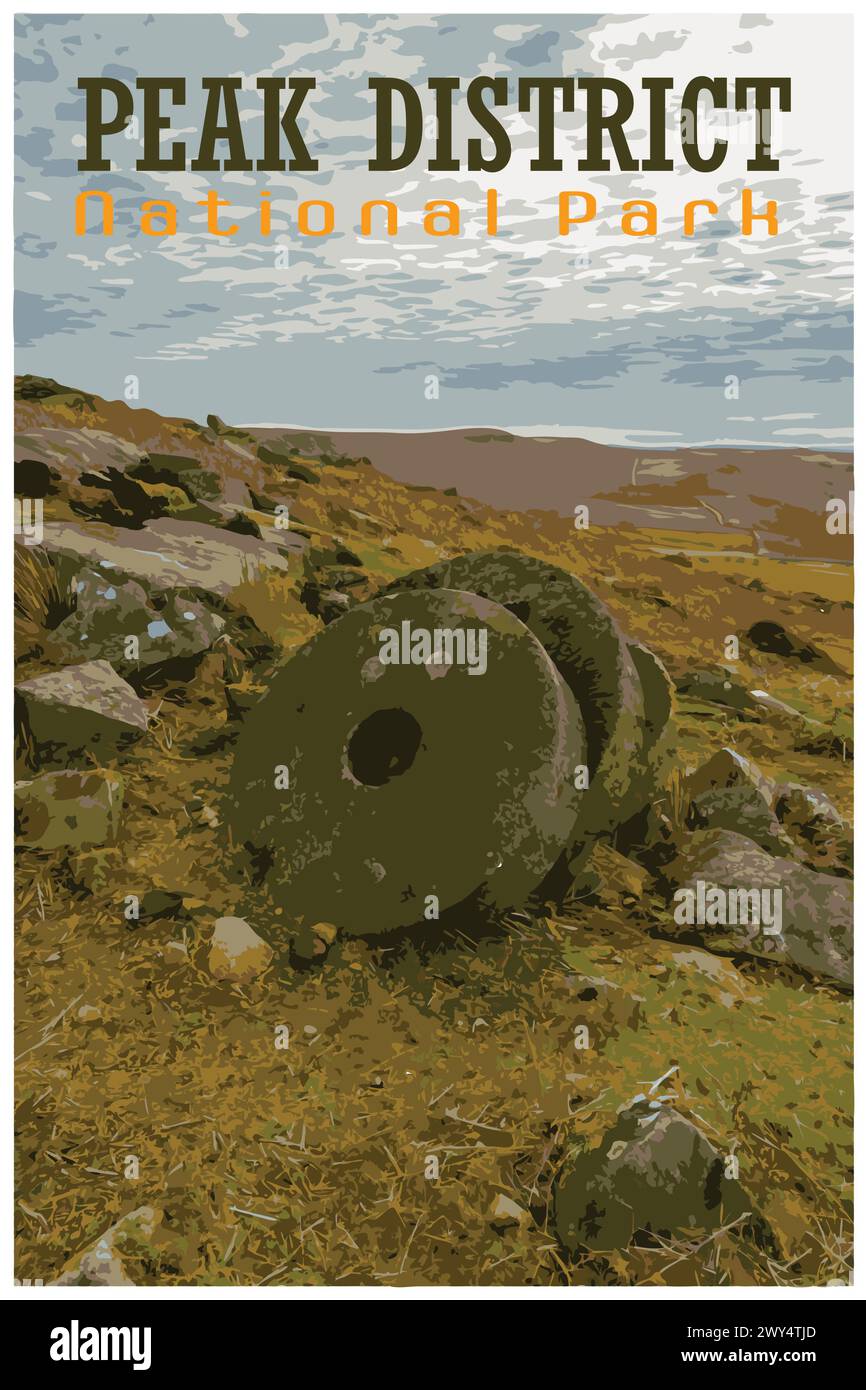 Stanage Edge Millstones, Derbyshire nostalgique rétro concept d'affiche de voyage du parc national de Peak District, Angleterre, Royaume-Uni dans le style du projet de travail Illustration de Vecteur
