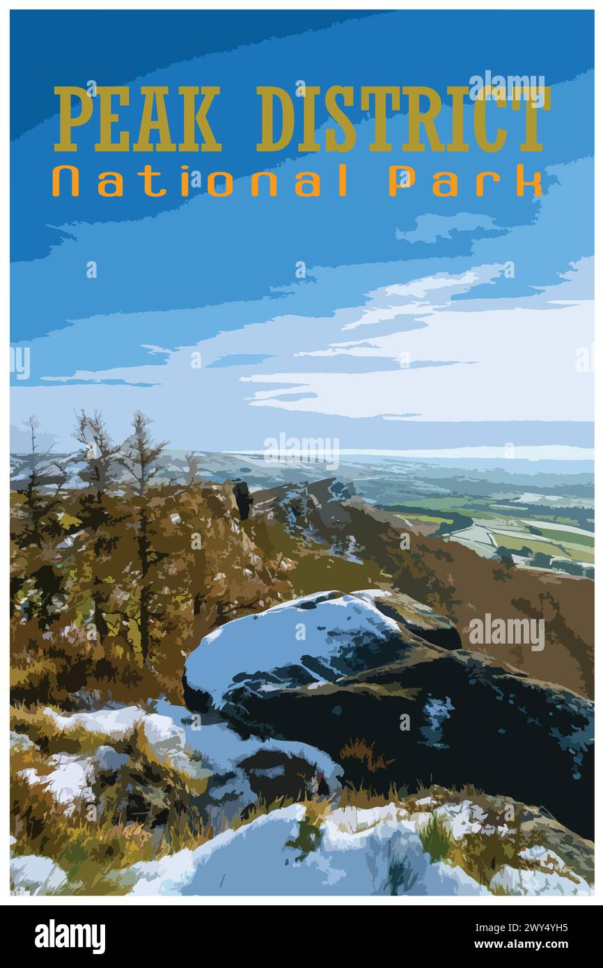 Les Roaches, Staffordshire nostalgique rétro voyage d'hiver concept d'affiche du Peak District National Park, Angleterre, Royaume-Uni dans le style des projets de travail Illustration de Vecteur