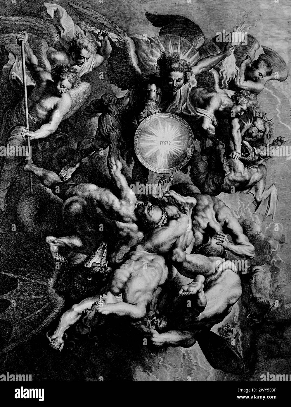Chute des anges rebelles 1621 Peter Paul Rubens de Lucas I Vorsterman était un graveur et peintre flamand. Il a travaillé avec les artistes Peter Paul Rubens et Anthony van Dyck Musée Royal des Beaux-Arts, Anvers, Belgique, Belgique. Banque D'Images