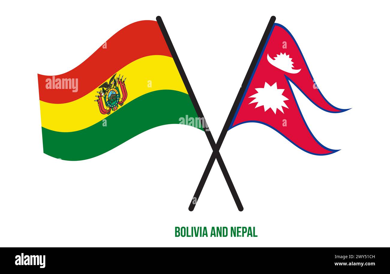 Bolivie et Népal drapeaux croisés et agitant Flat style. Proportion officielle. Corriger les couleurs. Banque D'Images
