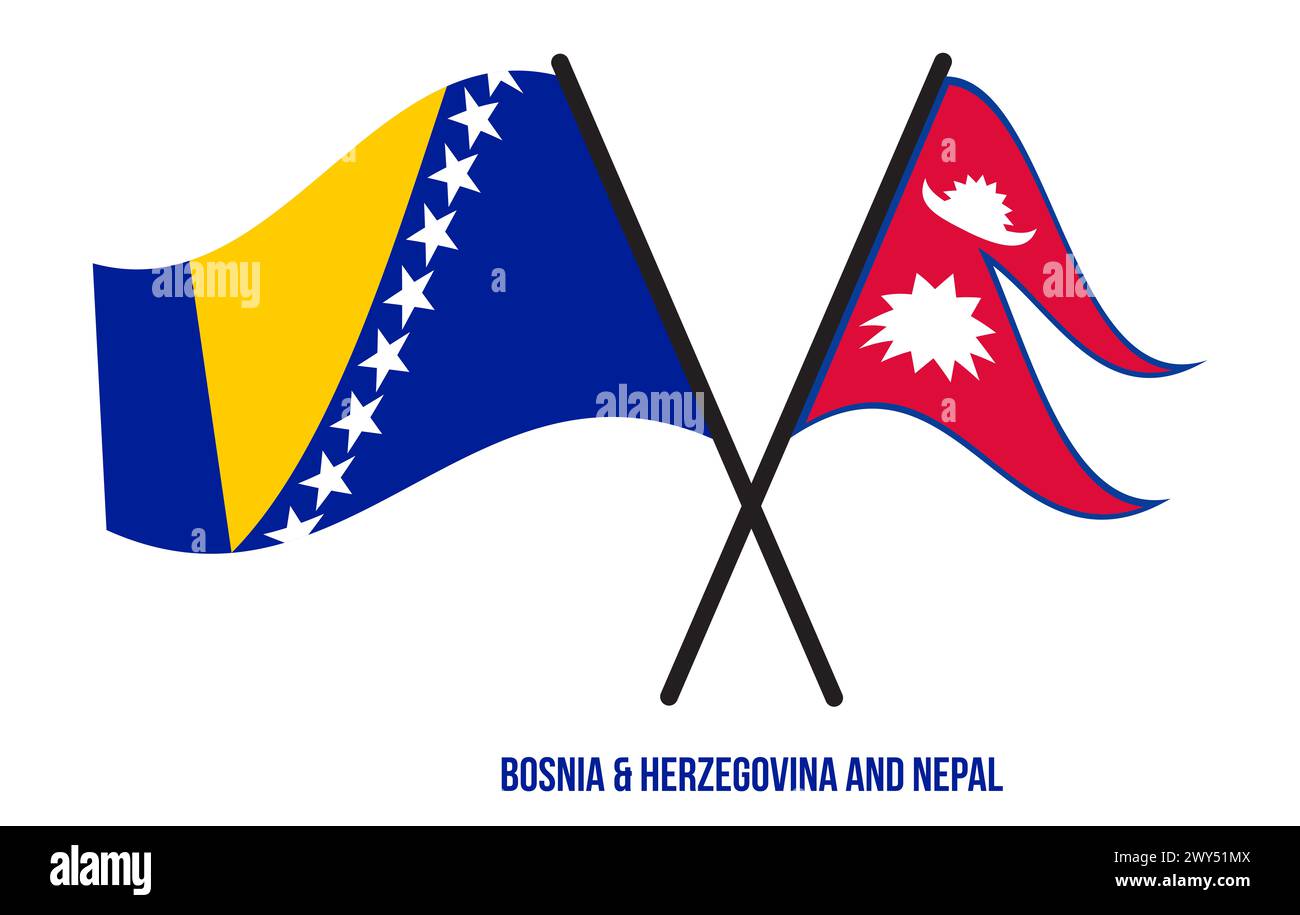 Bosnie-Herzégovine et Népal drapeaux croisés et agitant Flat style. Couleurs de proportion officielle. Banque D'Images