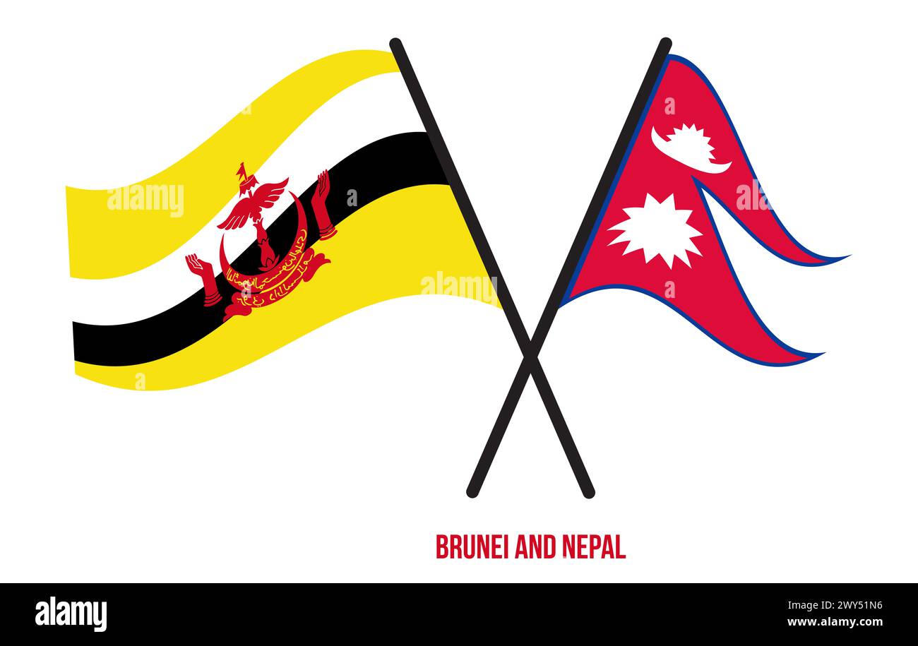 Brunei et Népal drapeaux croisés et agitant Flat style. Proportion officielle. Corriger les couleurs. Banque D'Images