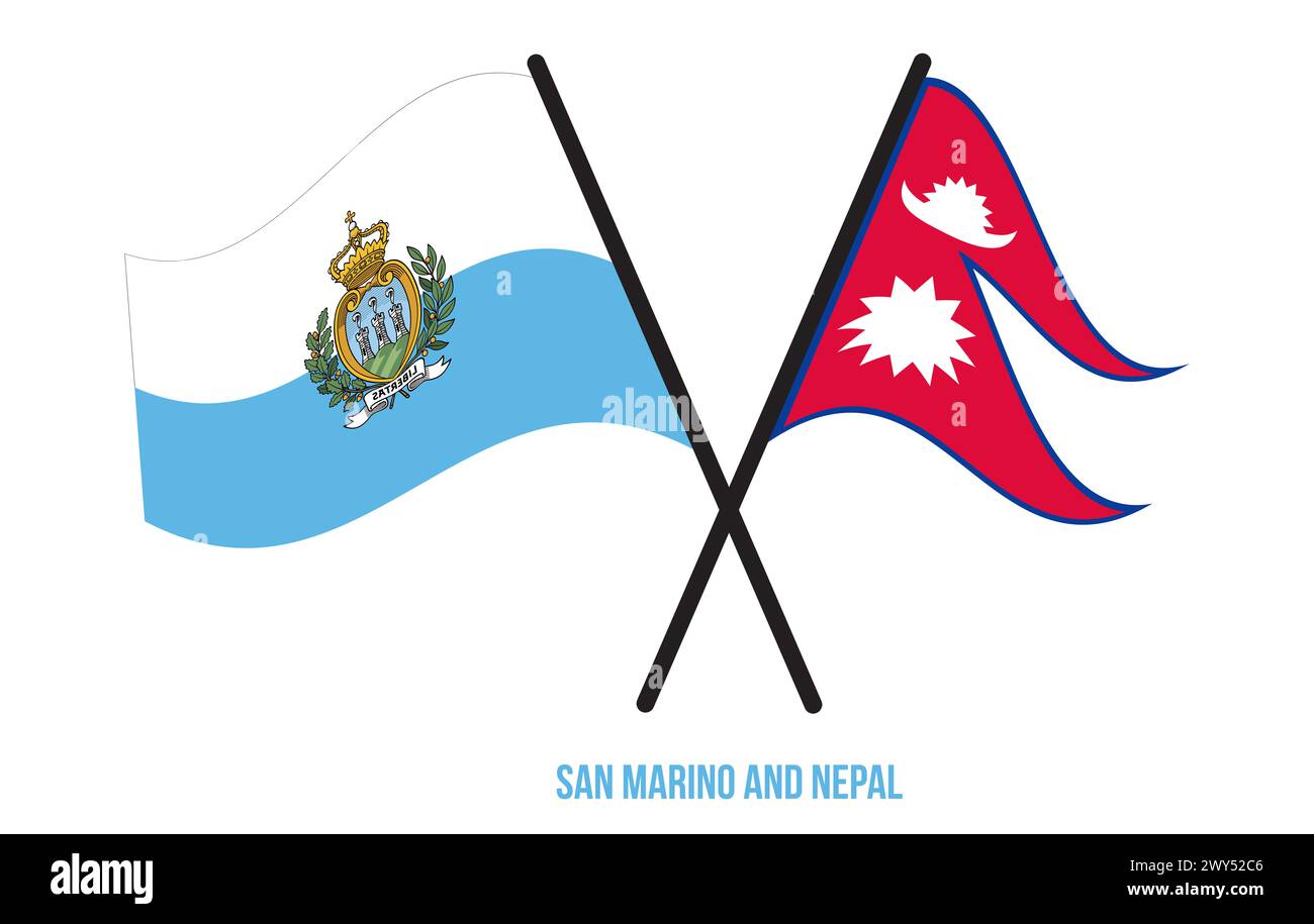 San Marino et Népal drapeaux croisés et ondulant Flat style. Proportion officielle. Corriger les couleurs. Banque D'Images