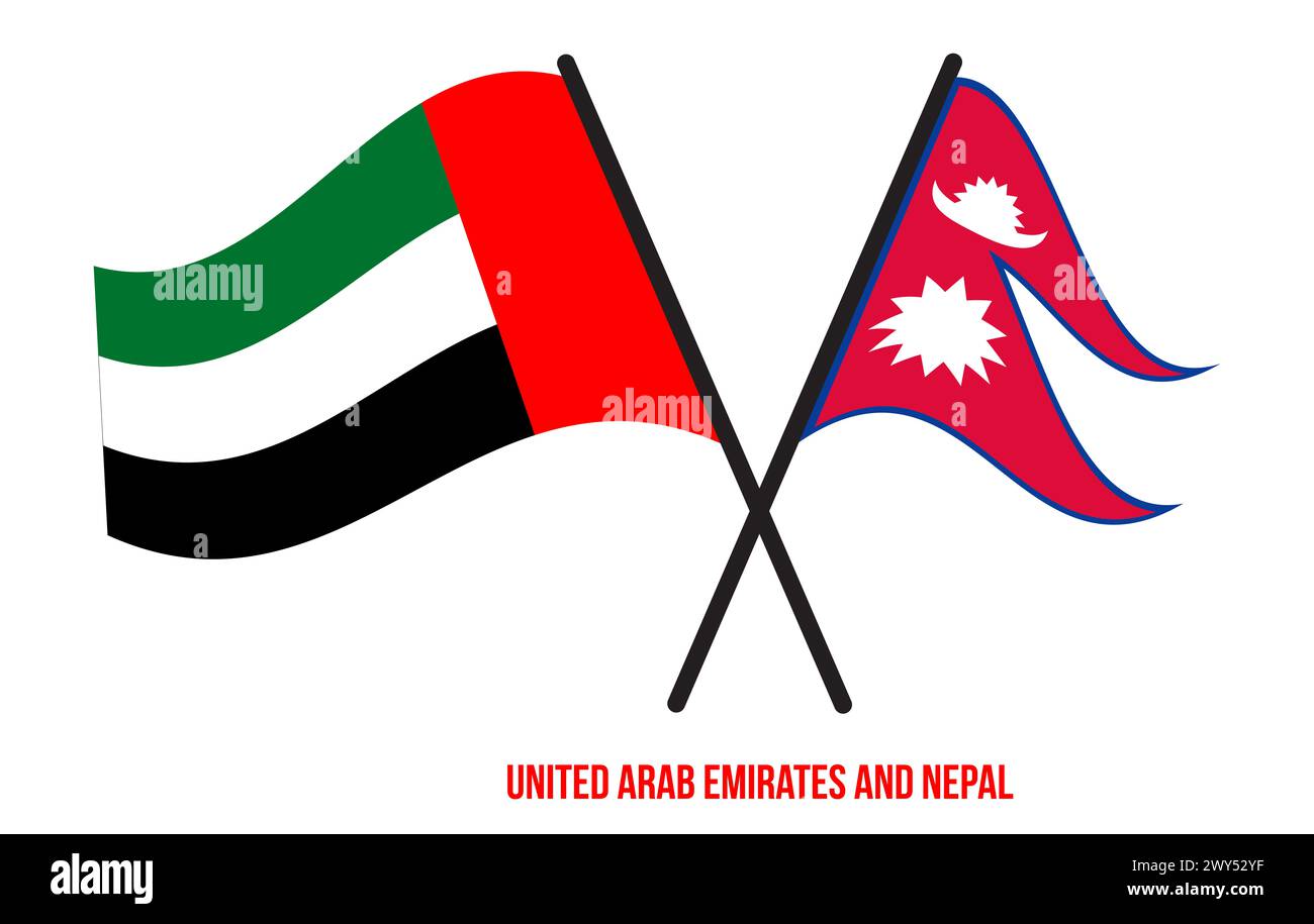 Emirats Arabes Unis et Népal drapeaux croisés et agitant Flat style. Proportion officielle. Banque D'Images