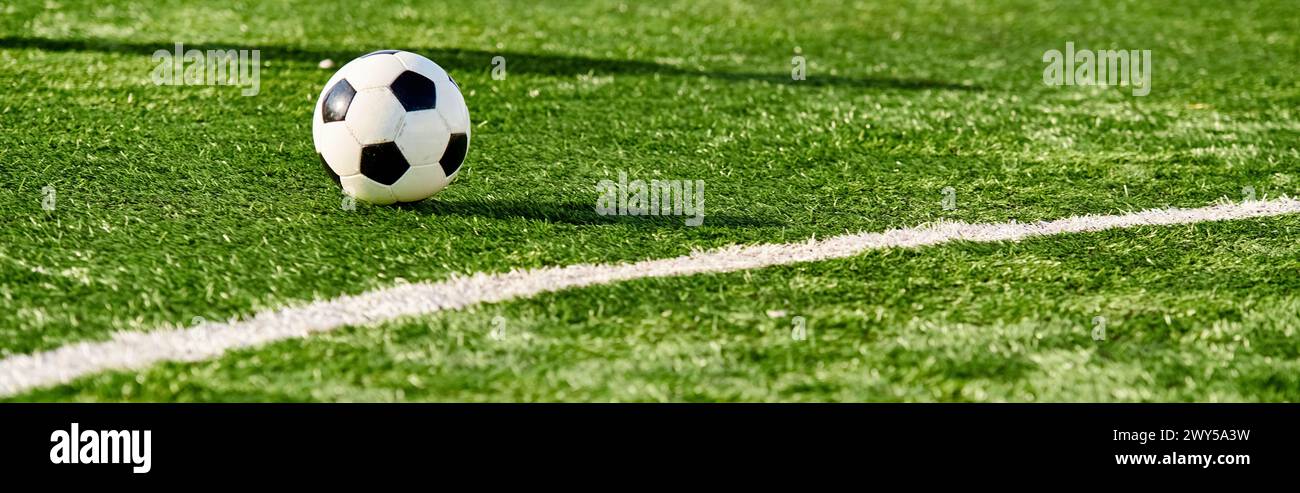 Un ballon de football vibrant repose paisiblement sur un terrain vert vierge et riche, évoquant le calme avant un match animé. L'herbe luxuriante entoure le ballon, Banque D'Images