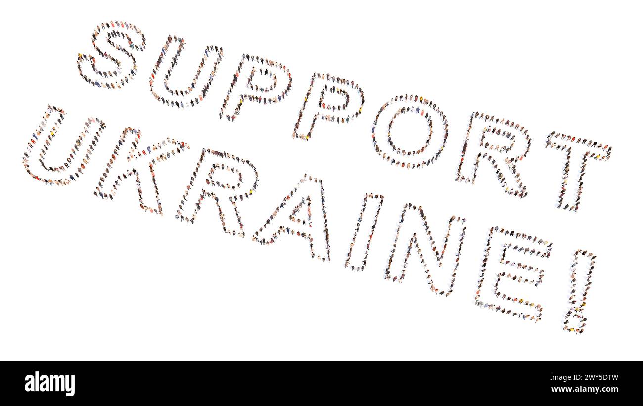 Concept communauté de personnes formant le slogan de SOUTIEN UKRAINE. métaphore d'illustration 3d pour la communauté, l'amitié, la compassion, la gentillesse et la générosité Banque D'Images