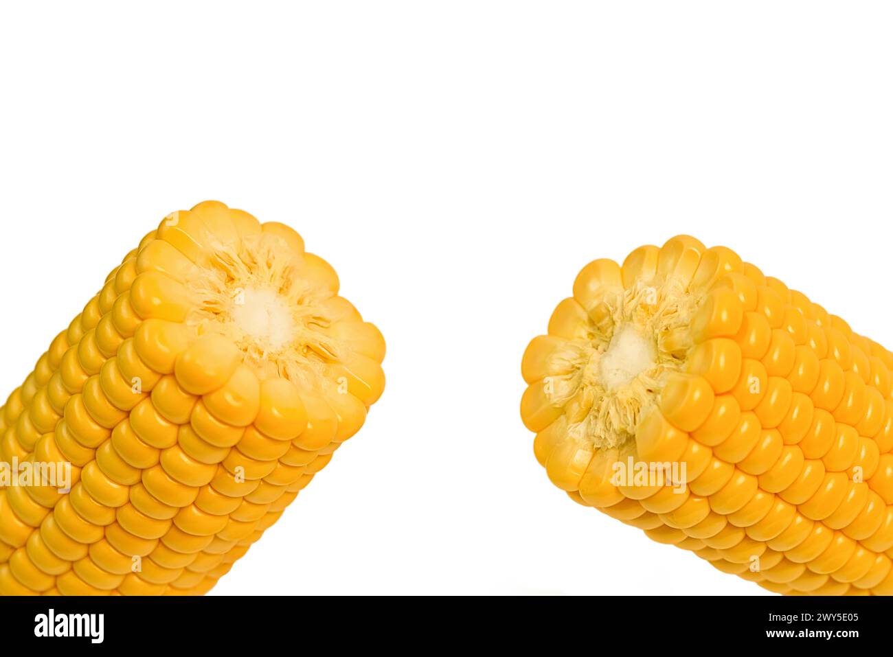 Épis de maïs doux volant cassés avec grains isolés sur fond blanc. Elément de conception pour l'étiquette de produit, l'impression de catalogue. Banque D'Images