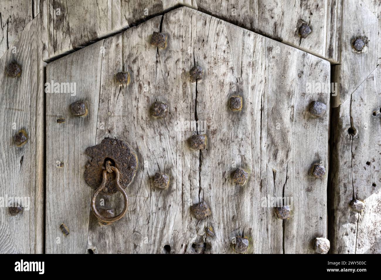 Cotehele House, Calstock, Cornouailles, Angleterre, Royaume-Uni - vue détaillée de la grande porte cloutée à l'entrée. Banque D'Images