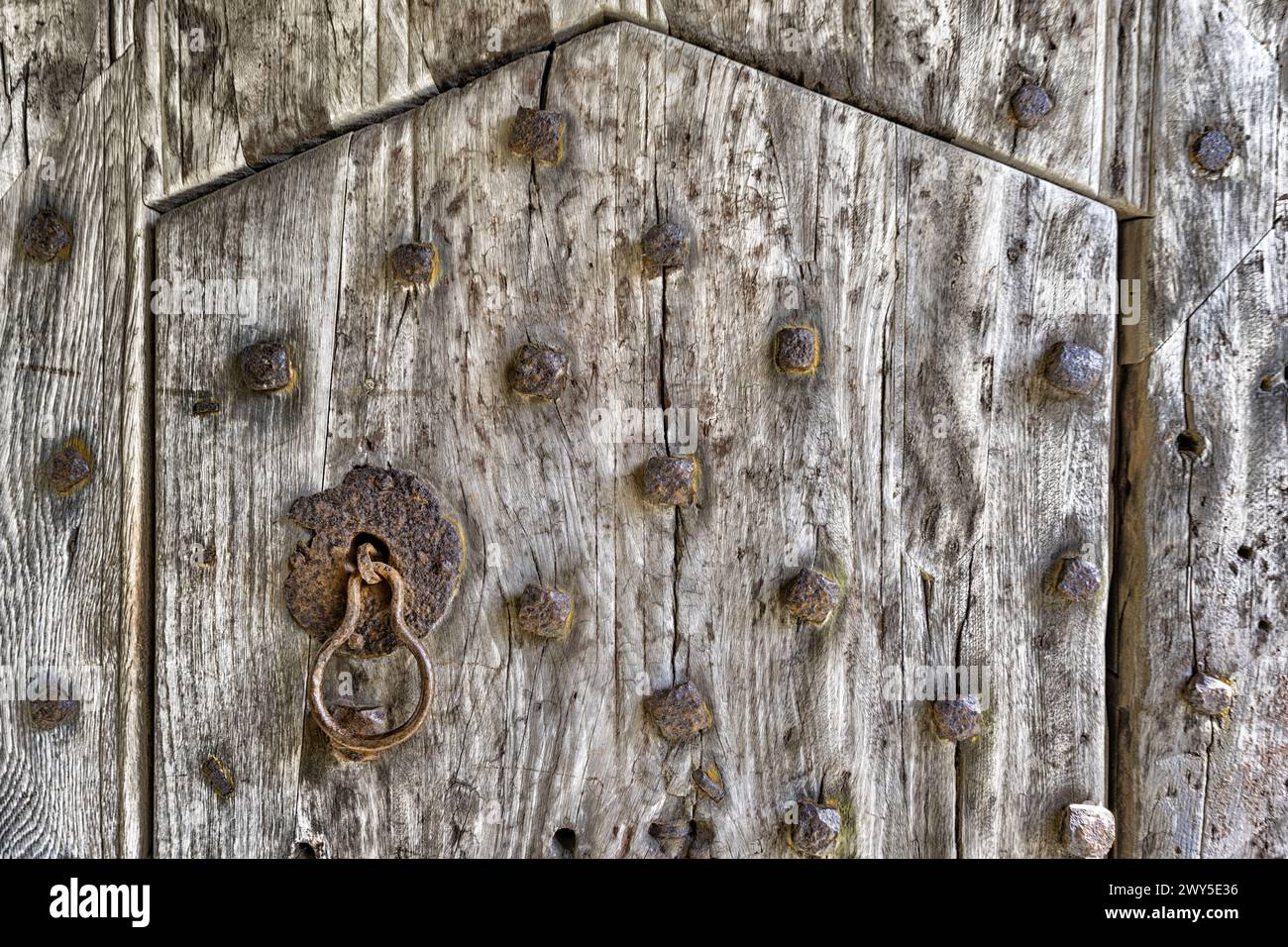 Cotehele House, Calstock, Cornouailles, Angleterre, Royaume-Uni - vue détaillée de la grande porte cloutée à l'entrée. Banque D'Images