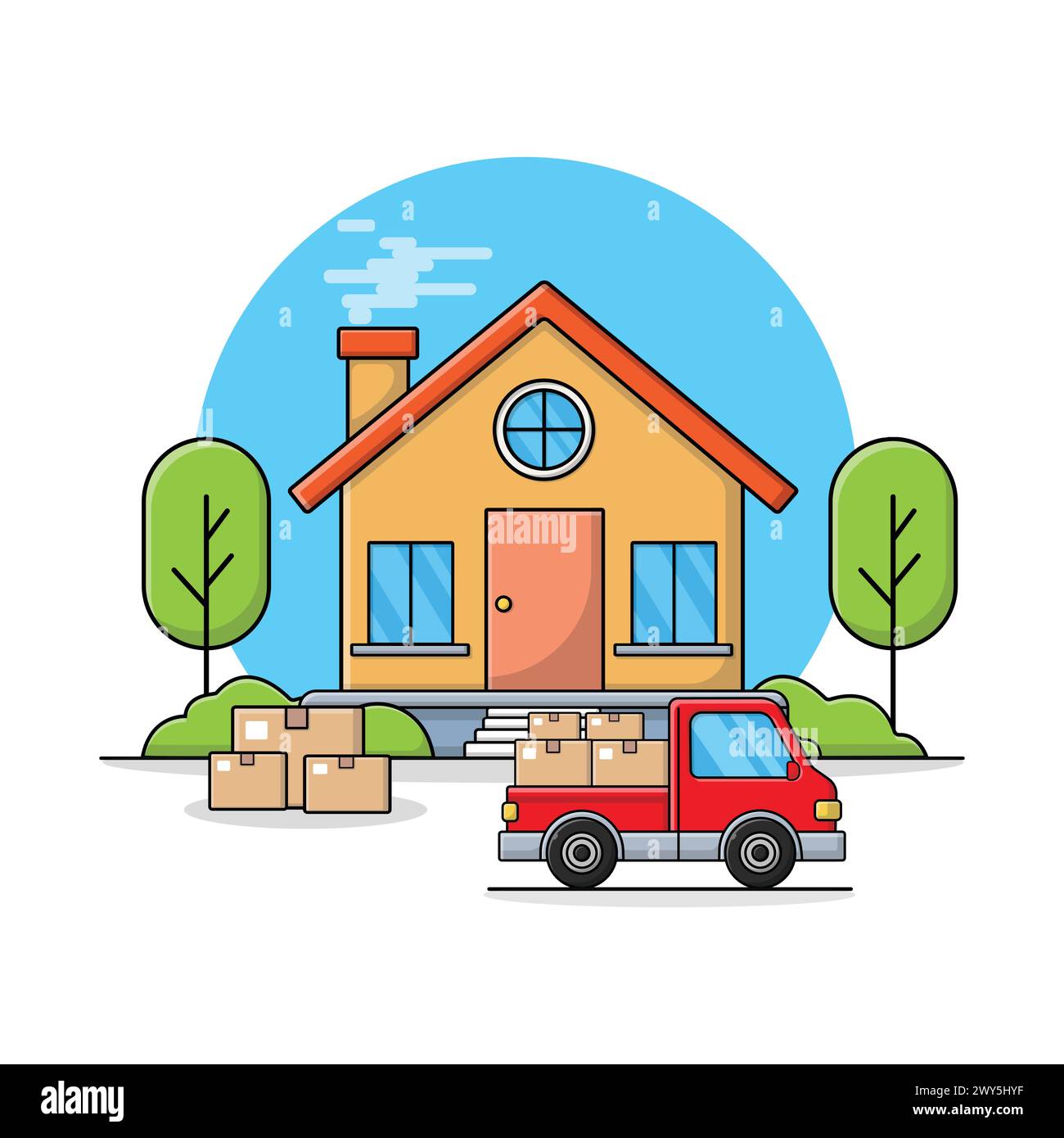 Maison et camion de livraison avec boîtes illustration vectorielle. Conception de concept de livraison à domicile Illustration de Vecteur