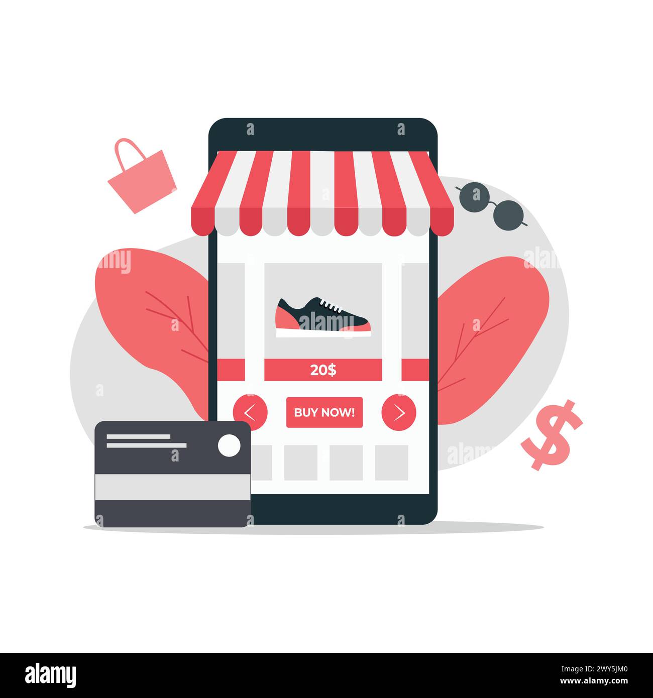 Shopping en ligne sur smartphone illustration vectorielle. Conception de concept d'achat en ligne isolée. Conception plate Illustration de Vecteur