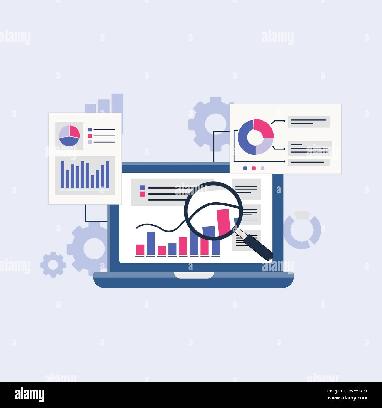 Graphiques analyse du rapport d'information sur l'écran de l'ordinateur portable illustration vectorielle. Concept d'analyse des données Illustration de Vecteur