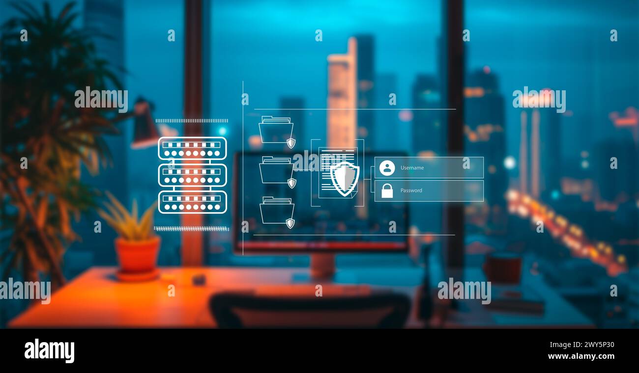 stockage de données de concept sur serveur en ligne. hologramme au-dessus du bureau hors foyer Banque D'Images