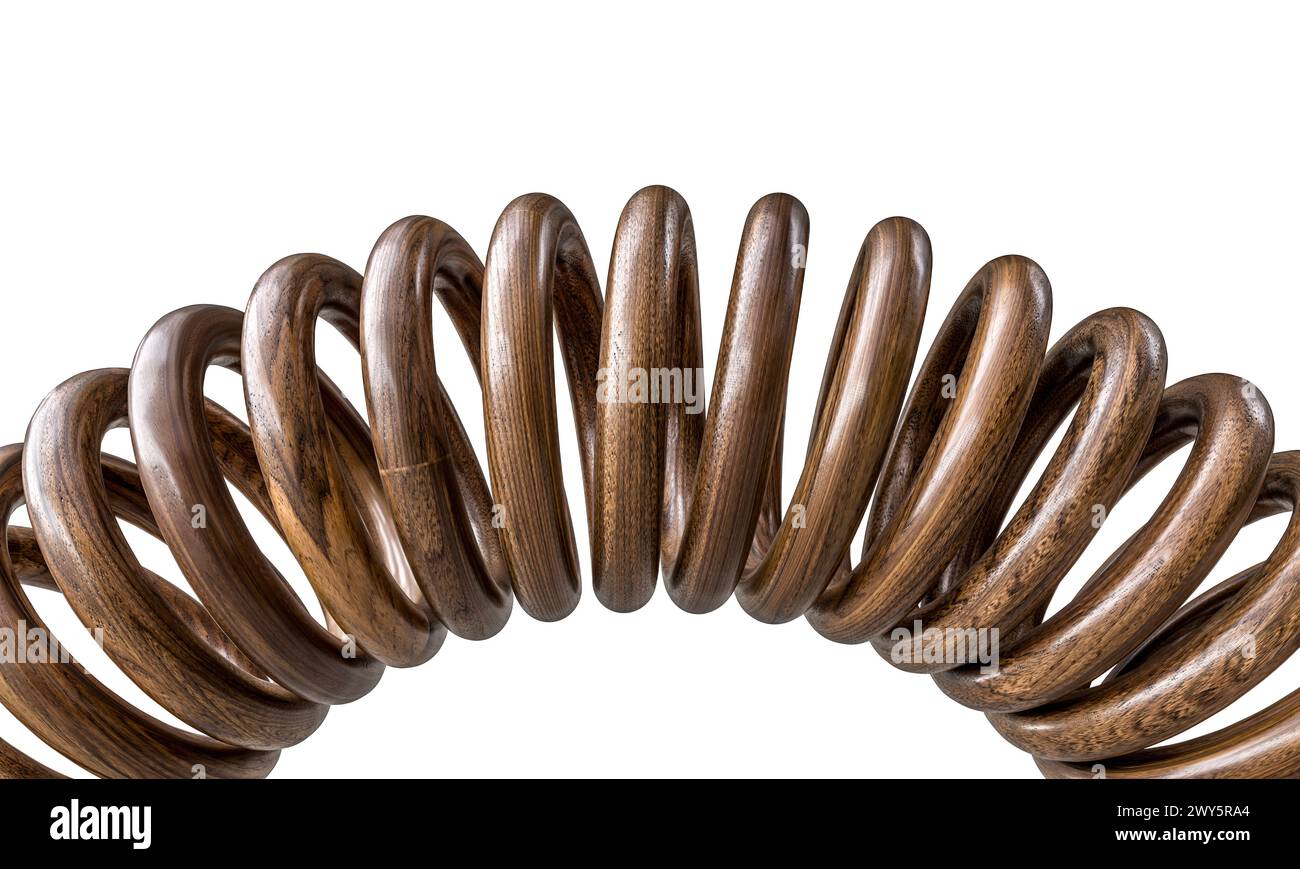 Gros plan détaillé de bobines spirales en bois entrelacées sur un fond blanc. 3d Banque D'Images