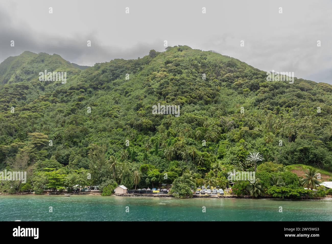 La luxuriante île du Pacifique Sud de Mo'orea, en Polynésie française, est vue depuis un ferry qui approche. Banque D'Images