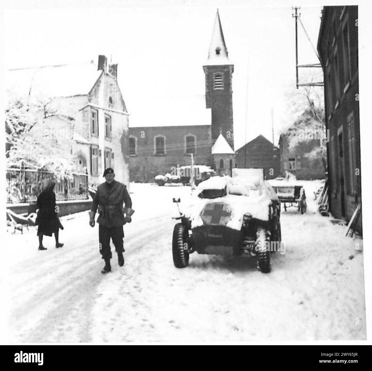 Scène de Noël en temps de guerre à Mesnil produit Elaise près de Dinant, montrant les troupes britanniques pendant l'hiver 1940 Banque D'Images