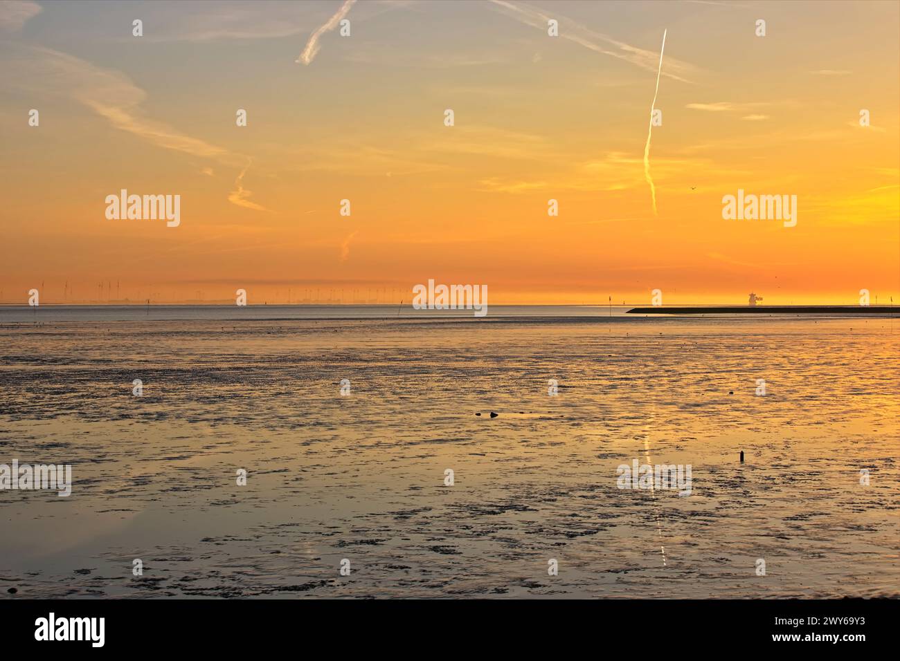 Lever de soleil et réflexion sur l'embouchure de l'Elbe près d'Otterndorf en basse-Saxe. Au premier plan la mer des Wadden dans le parc national de la mer des Wadden. Banque D'Images