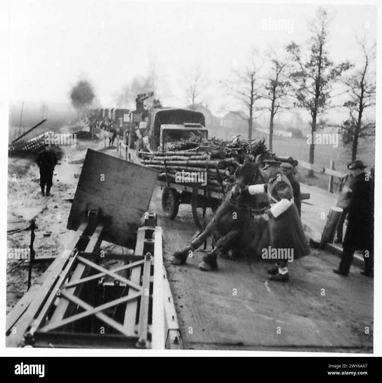 Un HOLD-UP SUR LA ROUTE NÉERLANDAISE PRINCIPALE - 'il y a beaucoup de Slip ..... Et celui-ci, au pont de Brighton sur la route principale, Belgique-Eindbven, a tenu des centaines de véhicules militaires pendant vingt minutes. Le cheval a glissé sur la pente du pont et est descendu. Il a fallu 20 minutes pour le remettre sur pieds. , Armée britannique, 21e groupe d'armées Banque D'Images