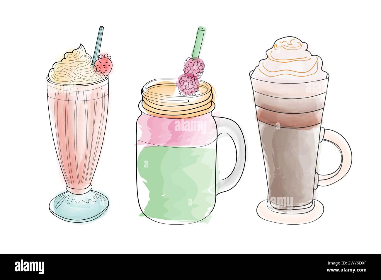 Trois boissons distinctes sont présentées. Chaque boisson présente ses caractéristiques, couleurs et contenants uniques Illustration de Vecteur