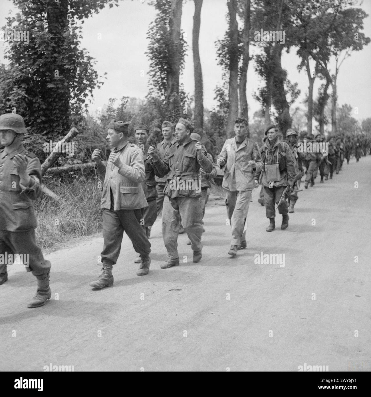 JOUR J - LES FORCES BRITANNIQUES PENDANT L'INVASION DE LA NORMANDIE 6 JUIN 1944 - les commandos de la 1re brigade de services spéciaux marchent les prisonniers allemands et italiens à l'arrière, le 6 juin 1944. , Banque D'Images