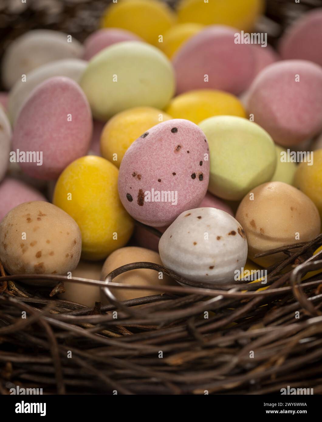 Gros plan de mini-œufs en chocolat enrobés de sucre colorés disposés dans un faux nid d'oiseau. Banque D'Images