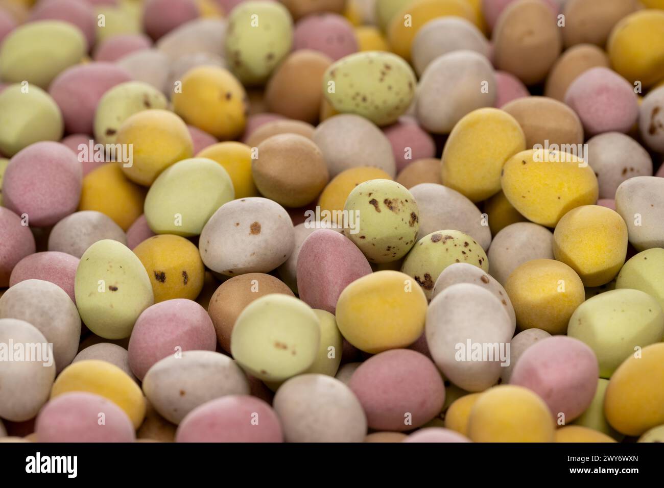 Mini oeufs en chocolat enrobés de sucre, de couleur pastel. Banque D'Images