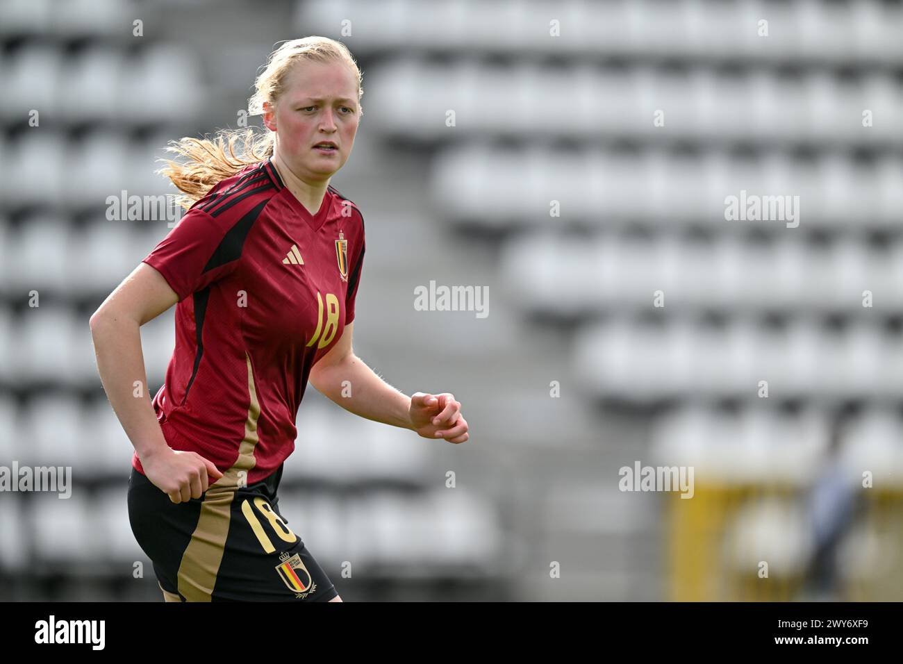 Tubize, Belgique. 04th Apr, 2024. Lore Nuyens (18 ans) de Belgique photographié lors d'un match amical de football entre les équipes nationales féminines de moins de 23 ans de Belgique et d'Espagne le jeudi 4 avril 2024 à Tubize, Belgique . Crédit : Sportpix/Alamy Live News Banque D'Images